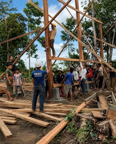 Villagers and REEC staff work together to raise the timber frame of a new school