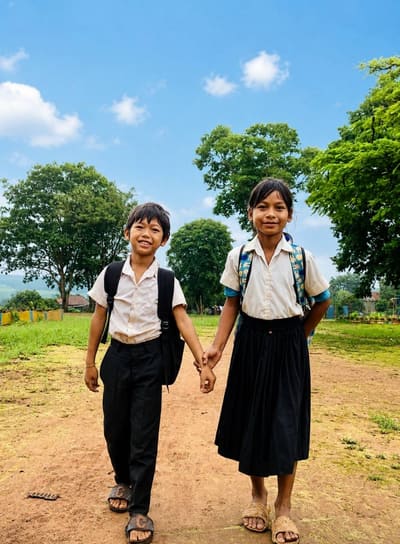 A boy and girl in school uniforms hold hands as they walk a dirt path to school